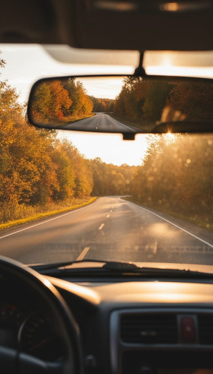Carretera al atardecer vista desde el interior de un coche, con el espejo retrovisor mostrando el camino recorrido